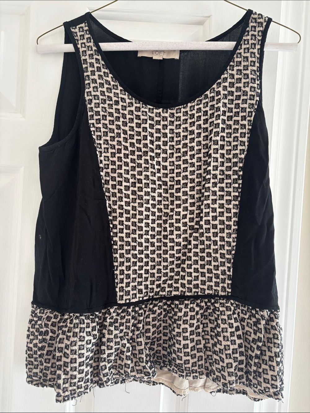 LOFT Black and Cream Sleeveless Tweed-Front Peplum Top